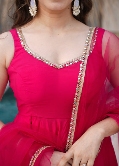 PURE ROMANSILK CHANDERI FABRIC FULLY FLAIR ANARKALI, WITH DUPPTA SET, PENT READY TO WEAR