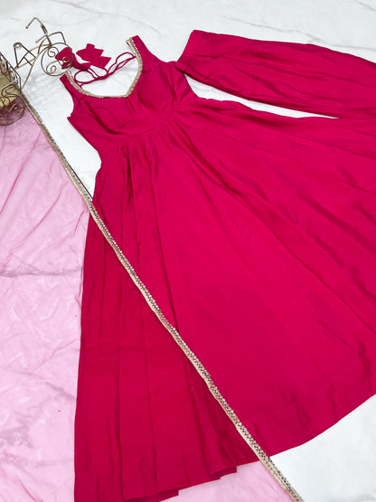 PURE ROMANSILK CHANDERI FABRIC FULLY FLAIR ANARKALI, WITH DUPPTA SET, PENT READY TO WEAR