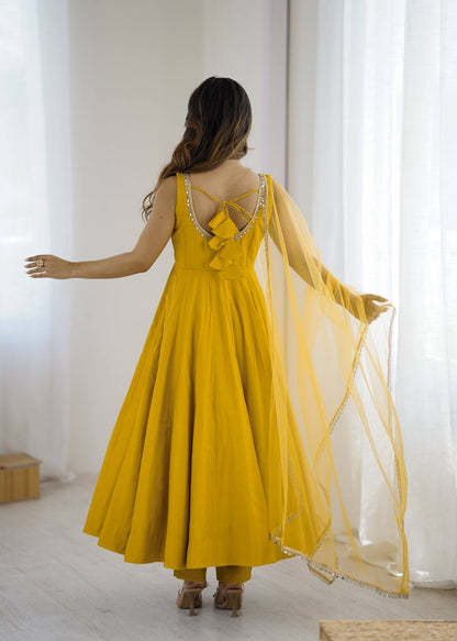 PURE ROMANSILK CHANDERI FABRIC FULLY FLAIR ANARKALI, WITH DUPPTA SET, PENT READY TO WEAR