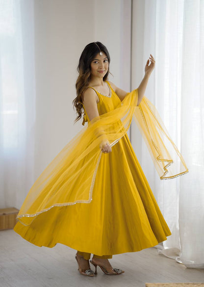PURE ROMANSILK CHANDERI FABRIC FULLY FLAIR ANARKALI, WITH DUPPTA SET, PENT READY TO WEAR