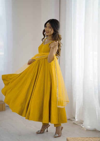 PURE ROMANSILK CHANDERI FABRIC FULLY FLAIR ANARKALI, WITH DUPPTA SET, PENT READY TO WEAR