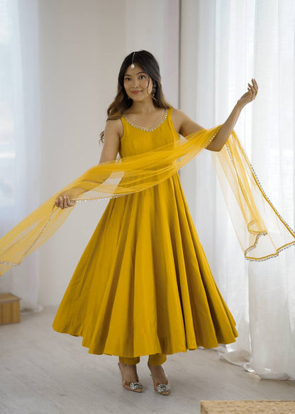 PURE ROMANSILK CHANDERI FABRIC FULLY FLAIR ANARKALI, WITH DUPPTA SET, PENT READY TO WEAR