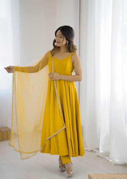 PURE ROMANSILK CHANDERI FABRIC FULLY FLAIR ANARKALI, WITH DUPPTA SET, PENT READY TO WEAR