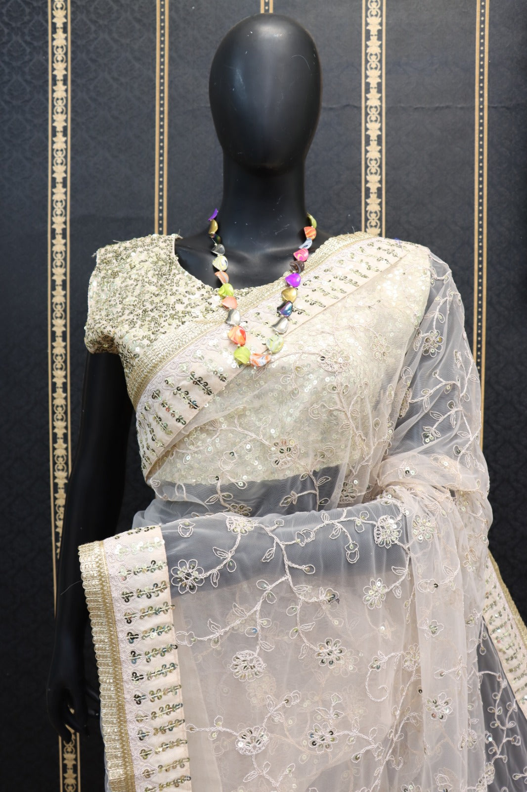 Fancy Bollywood Type Sequence Embellished Net Fabric Off White Colour Saree With Blouse KT-259 By Dealbazaars