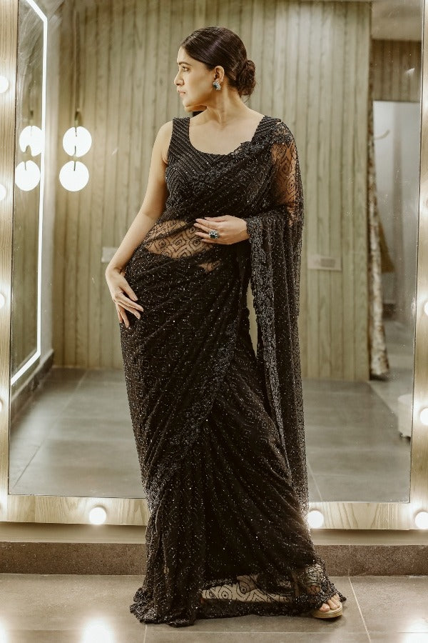 Amusing Black Georgette Fancy Sequins Work Party Wear Saree With Blouse KT-299 By Dealbazaars