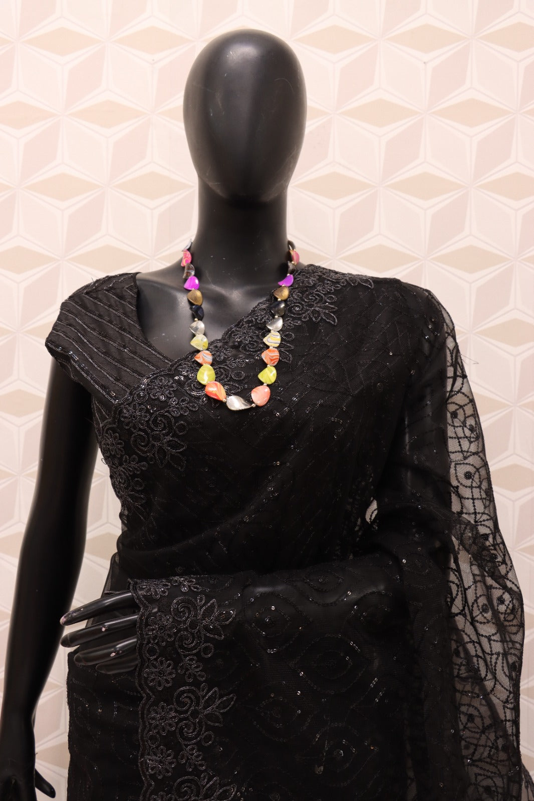 Amusing Black Georgette Fancy Sequins Work Party Wear Saree With Blouse KT-299 By Dealbazaars