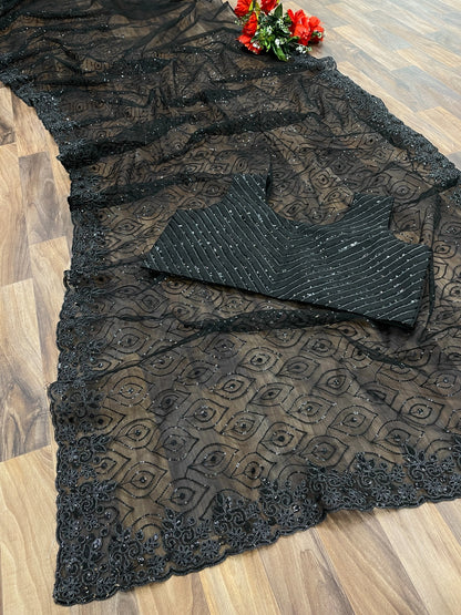 Amusing Black Georgette Fancy Sequins Work Party Wear Saree With Blouse KT-299 By Dealbazaars