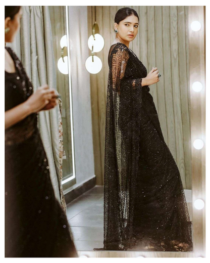 Amusing Black Georgette Fancy Sequins Work Party Wear Saree With Blouse KT-299 By Dealbazaars