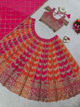 Pink And Orange Faux Georgette Designer Wedding Wear Lehenga Set For Women's Or Girls