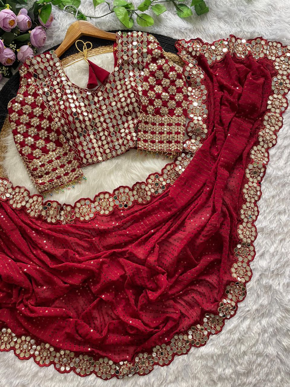 Heavy Faux Georgette Saree with Sequin Work, Mirror Lace Border & Embroidered Blouse