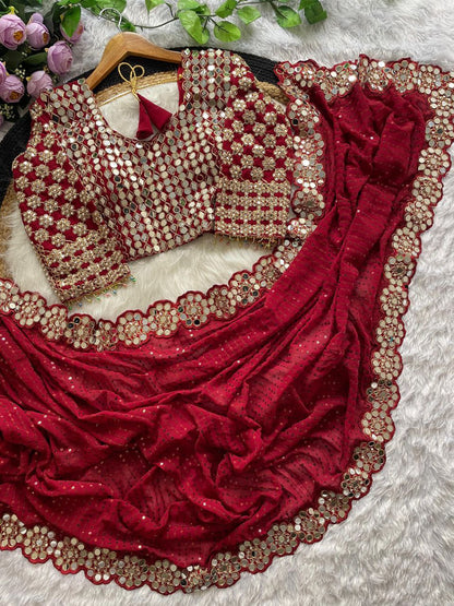 Heavy Faux Georgette Saree with Sequin Work, Mirror Lace Border & Embroidered Blouse