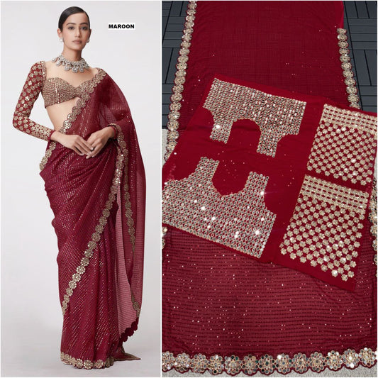 Heavy Faux Georgette Saree with Sequin Work, Mirror Lace Border & Embroidered Blouse