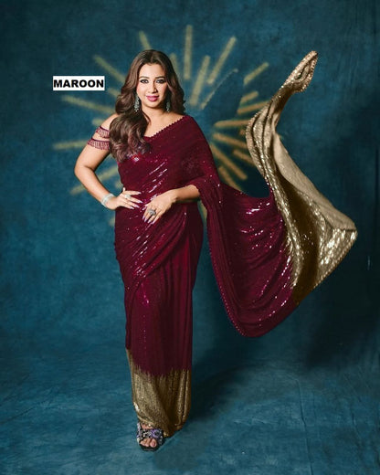Women’s 60 GSM Georgette Saree with Heavy 5MM & 3MM Dual Sequin Embroidery | Cutwork Lace Border | 4.4M Work Done | Silk Blouse | Party & Festive Wear