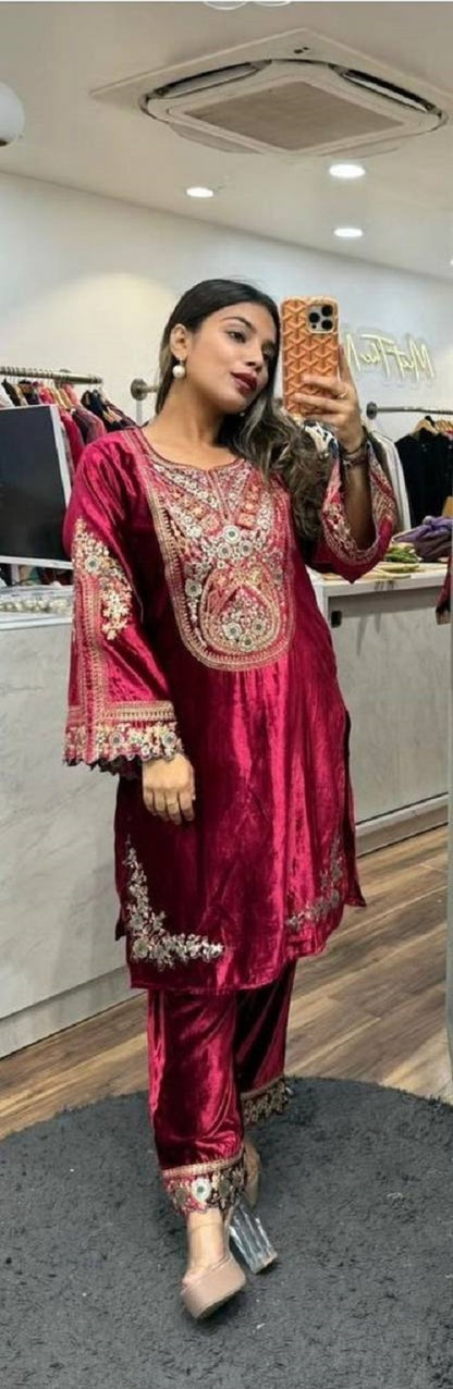 Designer Heavy Viscose Velvet Suit Set with Full Embroidery & Sequins Work Fully Stitched Top and Pant for Women Party & Wedding Wear