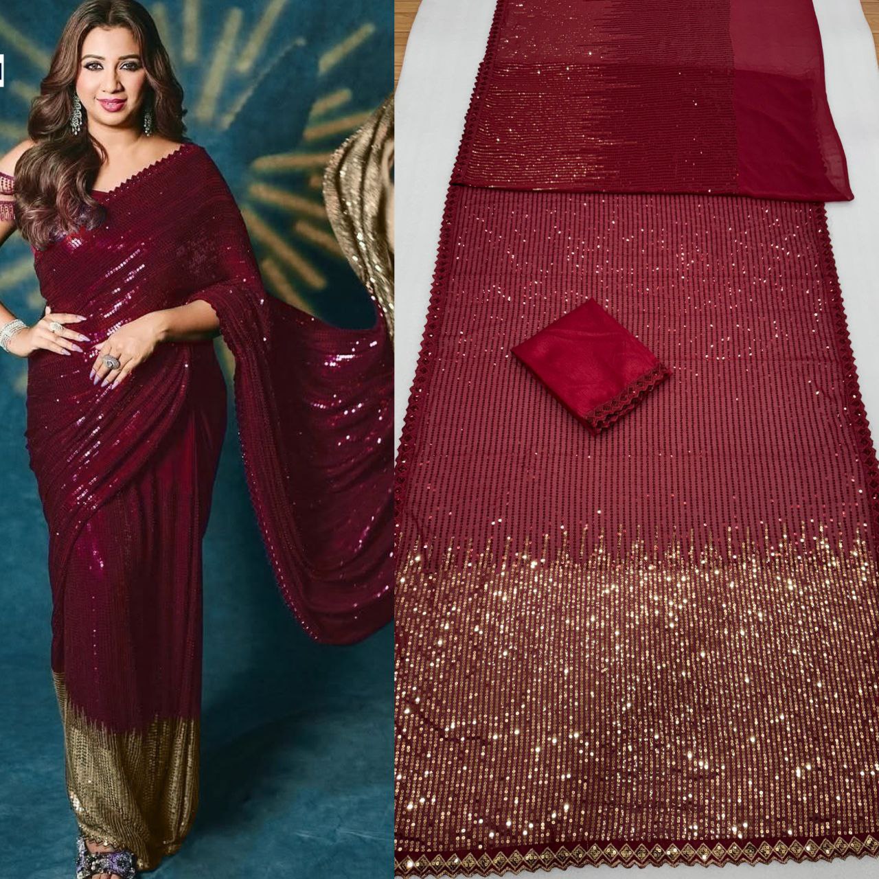 Women’s 60 GSM Georgette Saree with Heavy 5MM & 3MM Dual Sequin Embroidery | Cutwork Lace Border | 4.4M Work Done | Silk Blouse | Party & Festive Wear
