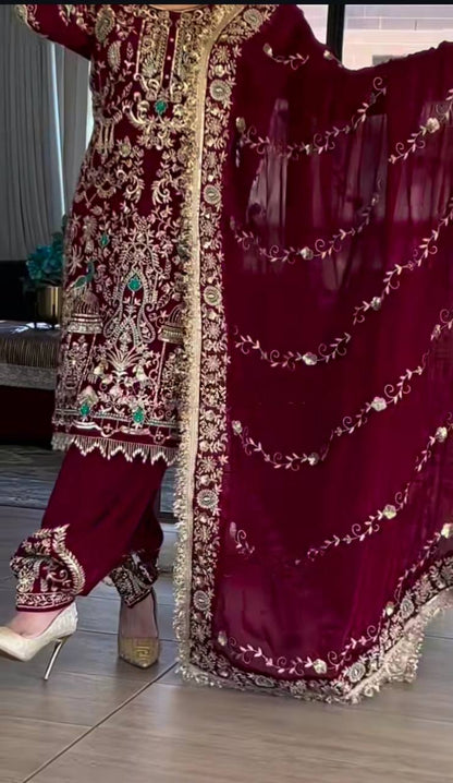 Women’s Natural Crepe Embroidered Dhoti Salwar Set with Dupatta | Sequin Work Kurti & Dhoti | Fully Stitched Party Wear Suit