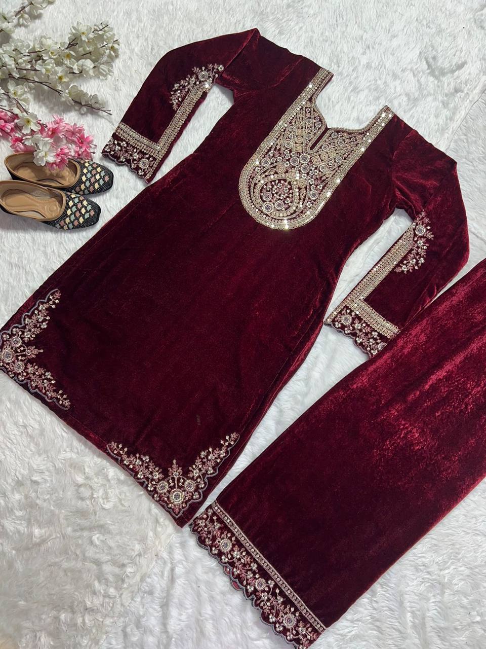Designer Heavy Viscose Velvet Suit Set with Full Embroidery & Sequins Work Fully Stitched Top and Pant for Women Party & Wedding Wear