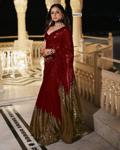 Women’s Georgette Saree with Heavy Dual Sequin Embroidery | Silk Blouse | Cutwork Lace Border | 4.4M Work Done