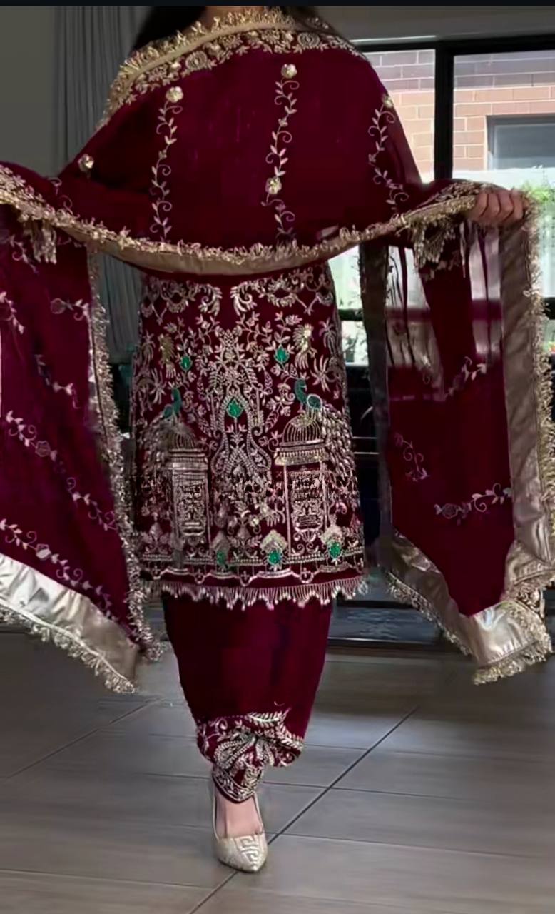 Women’s Natural Crepe Embroidered Dhoti Salwar Set with Dupatta | Sequin Work Kurti & Dhoti | Fully Stitched Party Wear Suit