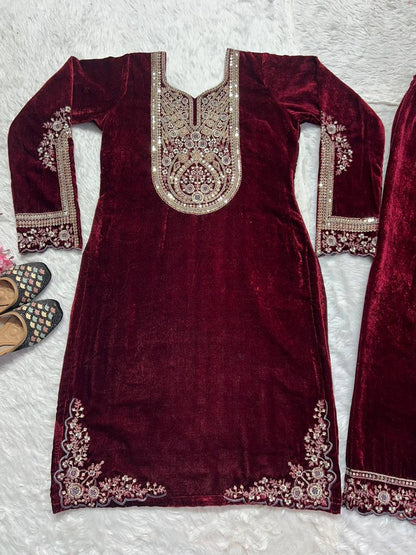 Designer Heavy Viscose Velvet Suit Set with Full Embroidery & Sequins Work Fully Stitched Top and Pant for Women Party & Wedding Wear