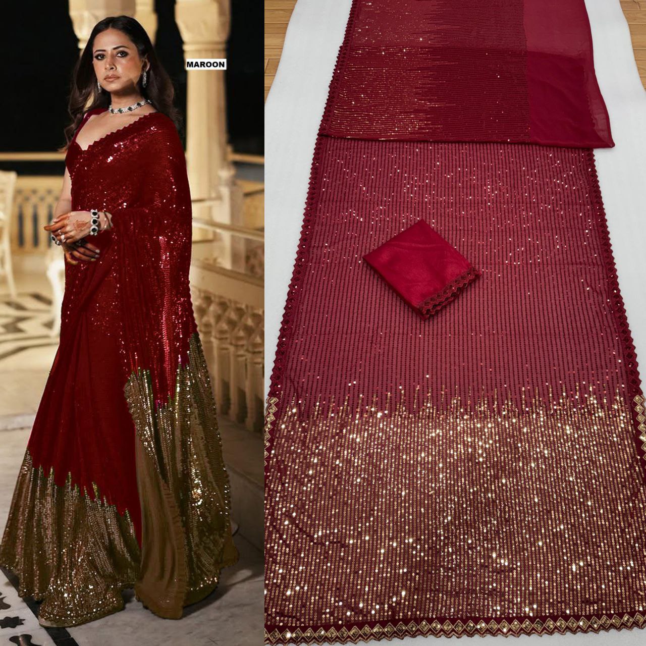 Women’s Georgette Saree with Heavy Dual Sequin Embroidery | Silk Blouse | Cutwork Lace Border | 4.4M Work Done