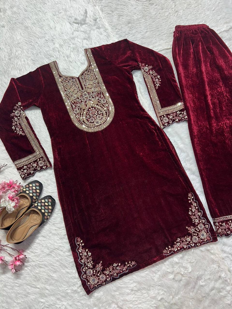 Designer Heavy Viscose Velvet Suit Set with Full Embroidery & Sequins Work Fully Stitched Top and Pant for Women Party & Wedding Wear