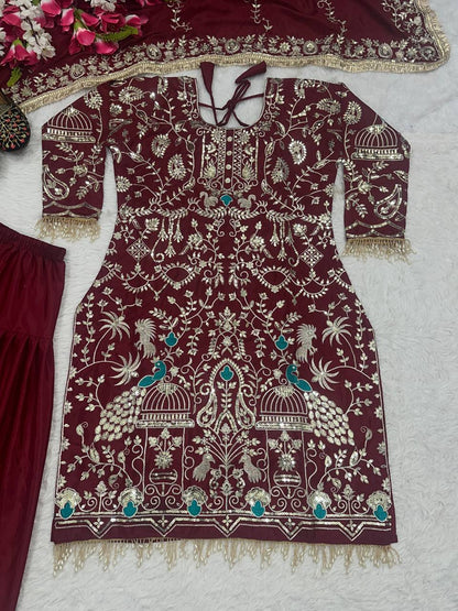 Women’s Natural Crepe Embroidered Dhoti Salwar Set with Dupatta | Sequin Work Kurti & Dhoti | Fully Stitched Party Wear Suit