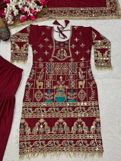 Women’s Natural Crepe Embroidered Dhoti Set with Dupatta | Sequence Work | Fully Stitched Top & Dhoti Style Bottom | Festive & Party Wear