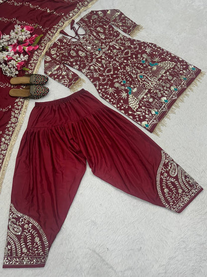 Women’s Natural Crepe Embroidered Dhoti Salwar Set with Dupatta | Sequin Work Kurti & Dhoti | Fully Stitched Party Wear Suit