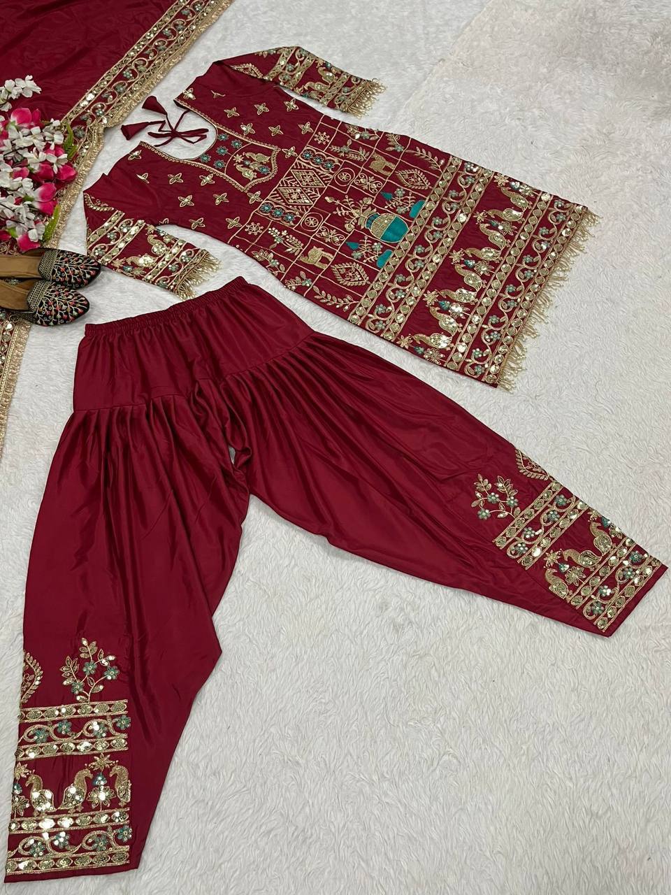 Women’s Natural Crepe Embroidered Dhoti Set with Dupatta | Sequence Work | Fully Stitched Top & Dhoti Style Bottom | Festive & Party Wear