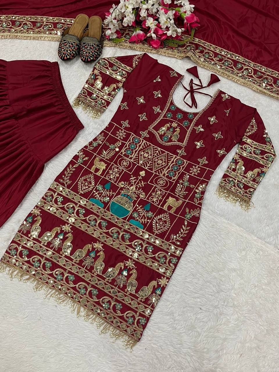 Women’s Natural Crepe Embroidered Dhoti Set with Dupatta | Sequence Work | Fully Stitched Top & Dhoti Style Bottom | Festive & Party Wear