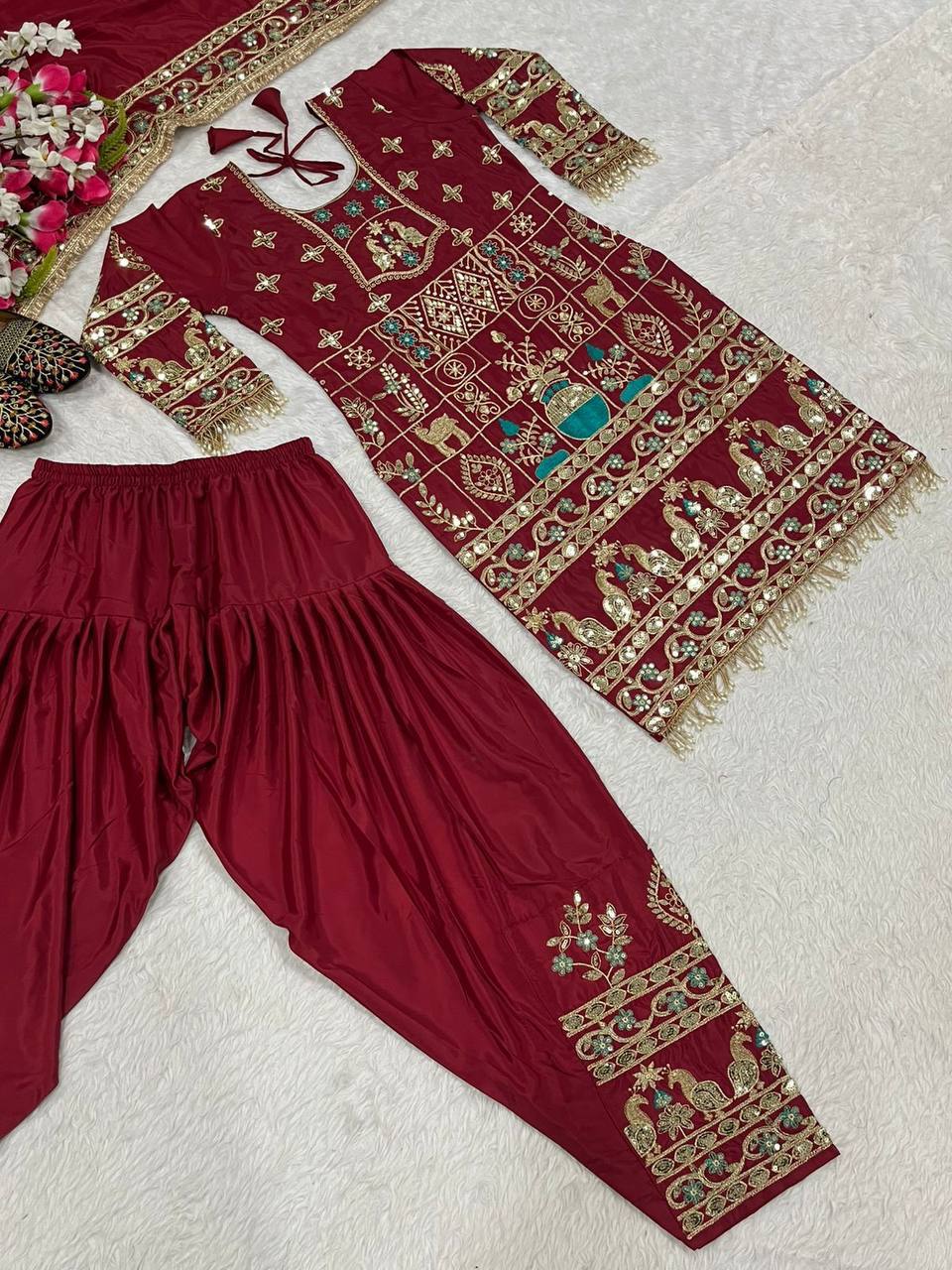 Women’s Natural Crepe Embroidered Dhoti Set with Dupatta | Sequence Work | Fully Stitched Top & Dhoti Style Bottom | Festive & Party Wear