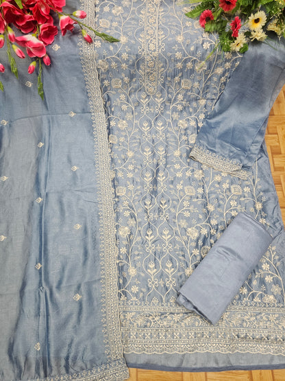 Fancy Look Women Pakistani Suit Vichitra Silk Sequence Embroidery Wonderful Semi-Stitched Salwar Suit Material