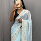 Sky Blue Bollywood Style Designer Georgette With Embroidery Saree with Dupion Silk Unstitched Blouse, Designer Saree, Embroidery Saree - MS-552 By Dealbazaars