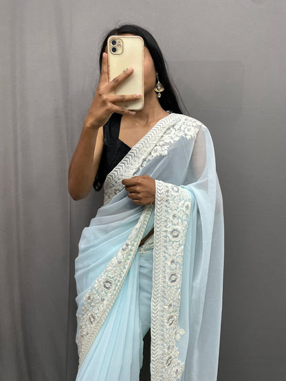 Sky Blue Bollywood Style Designer Georgette With Embroidery Saree with Dupion Silk Unstitched Blouse, Designer Saree, Embroidery Saree - MS-552 By Dealbazaars
