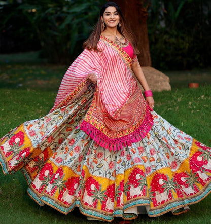 Navaratri Special Butter Silk Top, Bottom & Dupatta In Heavy digital Print And Glued Real Mirror Work Full stitched Material For Women By Dealbazaars