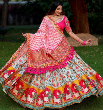 Navaratri Special Butter Silk Top, Bottom & Dupatta In Heavy digital Print And Glued Real Mirror Work Full stitched Material For Women By Dealbazaars