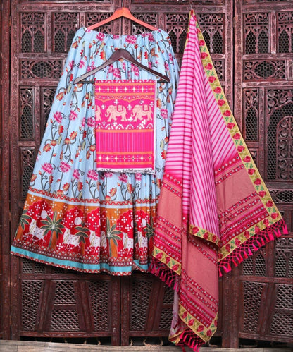 Navaratri Special Butter Silk Top, Bottom & Dupatta In Heavy digital Print And Glued Real Mirror Work Full stitched Material For Women By Dealbazaars