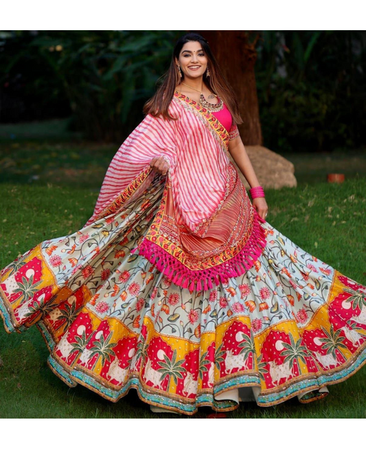 Navaratri Special Butter Silk Top, Bottom & Dupatta In Heavy digital Print And Glued Real Mirror Work Full stitched Material For Women By Dealbazaars