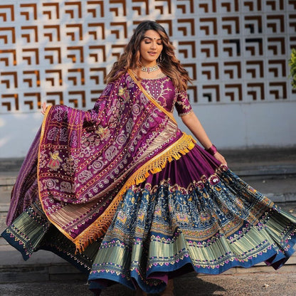 Mind-blowing Wine Color Butter Silk Printed Mirror Work Lehenga Choli For Festive Wear By Dealbazaars
