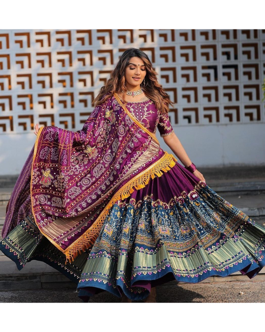 Mind-blowing Wine Color Butter Silk Printed Mirror Work Lehenga Choli For Festive Wear By Dealbazaars