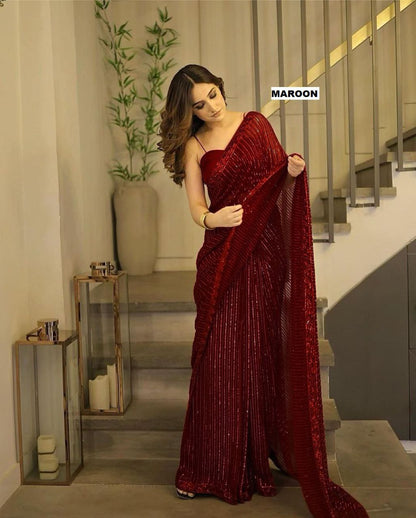 New Bollywood Blockbuster 3MM Sequins Georgette Saree with Silk Blouse | Premium Quality Embroidered Lace Border