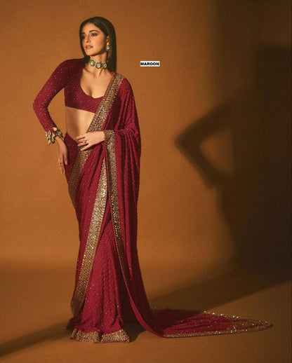 Heavy Quality Faux Georgette Saree with Jari Embroidery & LCD Diamond Mirror Border | 4.4 Mtr Work | Banglori Silk Blouse with Heavy Embroidery & LCD Diamond (Unstitched)
