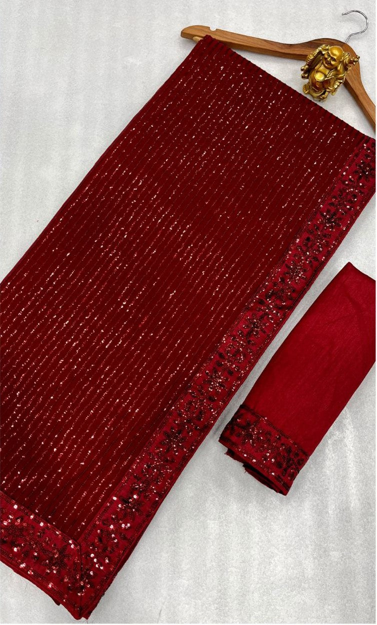 New Bollywood Blockbuster 3MM Sequins Georgette Saree with Silk Blouse | Premium Quality Embroidered Lace Border