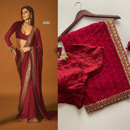 Heavy Quality Faux Georgette Saree with Jari Embroidery & LCD Diamond Mirror Border | 4.4 Mtr Work | Banglori Silk Blouse with Heavy Embroidery & LCD Diamond (Unstitched)