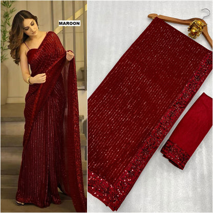 New Bollywood Blockbuster 3MM Sequins Georgette Saree with Silk Blouse | Premium Quality Embroidered Lace Border