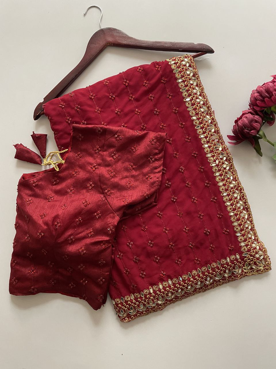 Heavy Quality Faux Georgette Saree with Jari Embroidery & LCD Diamond Mirror Border | 4.4 Mtr Work | Banglori Silk Blouse with Heavy Embroidery & LCD Diamond (Unstitched)