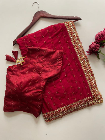 Heavy Quality Faux Georgette Saree with Jari Embroidery & LCD Diamond Mirror Border | 4.4 Mtr Work | Banglori Silk Blouse with Heavy Embroidery & LCD Diamond (Unstitched)