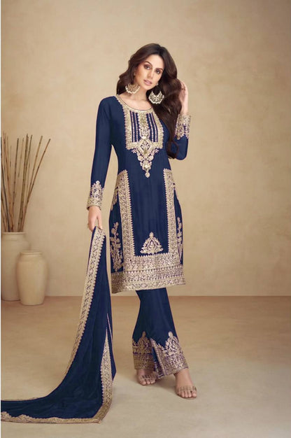 Kurti Pant 3 pcs Pair Embroidered Attractive Party Wear Chinon Silk Fabric Kurti Pair has a Regular-fit