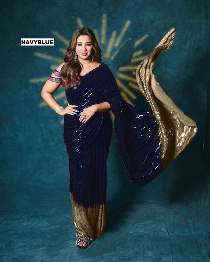 Women’s 60 GSM Georgette Saree with Heavy 5MM & 3MM Dual Sequin Embroidery | Cutwork Lace Border | 4.4M Work Done | Silk Blouse | Party & Festive Wear